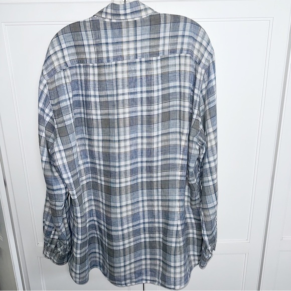 Ermenegildo Zegna Linen Blue/Gray Plaid Shirt Spread Collar XL - Picture 2 of 13